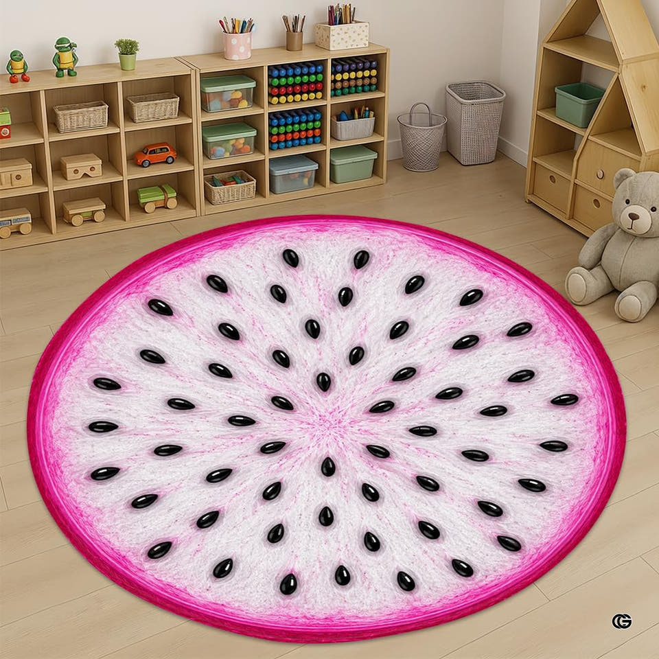 Round dragon fruit slice rug in a bright nursery
