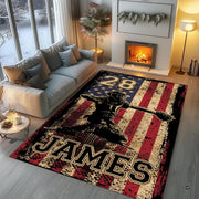 Sports fan cave layout displaying the patriotic baseball catcher rug on hardwood flooring - thumbnail image 5 of 8