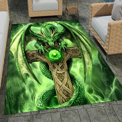 Emerald dragon with spread wings coiled around a carved Celtic cross area rug on display. - thumbnail image 1 of 8