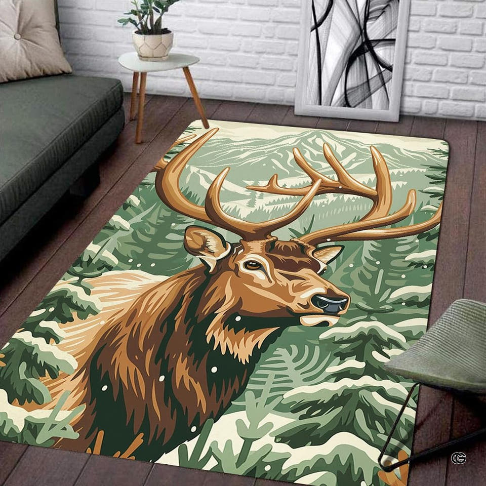 Illustrated stag with antlers standing in snowy pine forest on an elk area rug.