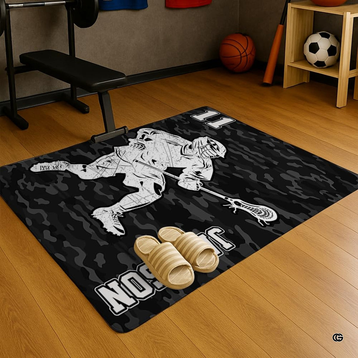 Fireside lounge setting with a person relaxing on the black camo sports rug