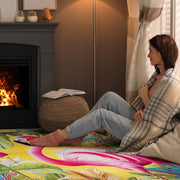 Full perspective of colorful flamingo paradise floor accent surrounded by chic wooden furnishings. - thumbnail image 8 of 8