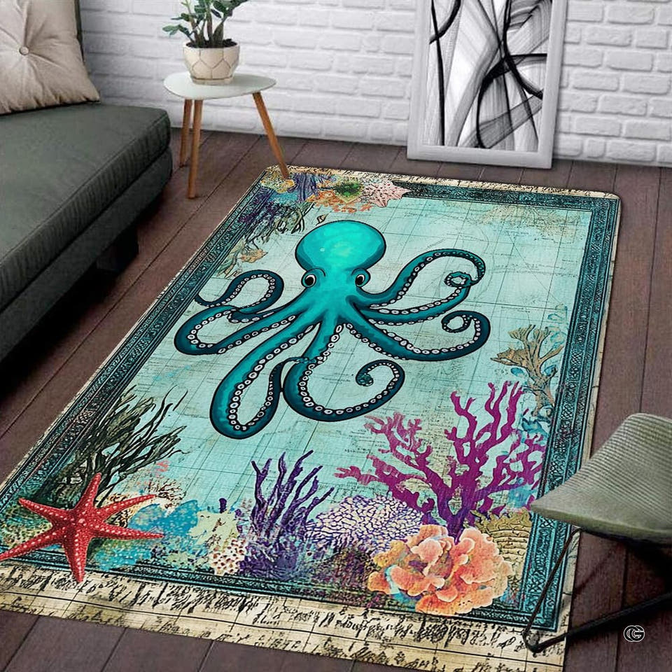 Nautical sea life area rug displaying a turquoise octopus centerpiece with vintage map script on parchment backdrop.