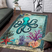 Nautical sea life area rug displaying a turquoise octopus centerpiece with vintage map script on parchment backdrop. - thumbnail image 1 of 7