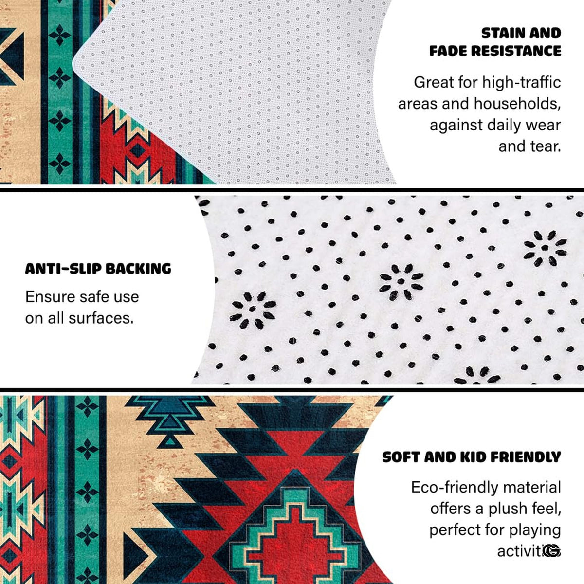 Bedroom layout showing the vibrant geometric tribal rug near wooden furnishings