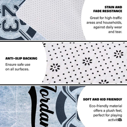 Corner angle highlighting print clarity and crisp border edges of the hockey sports floor rug. - thumbnail image 6 of 7