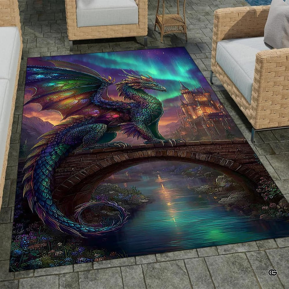 Iridescent dragon rug with stone bridge, castle and aurora sky