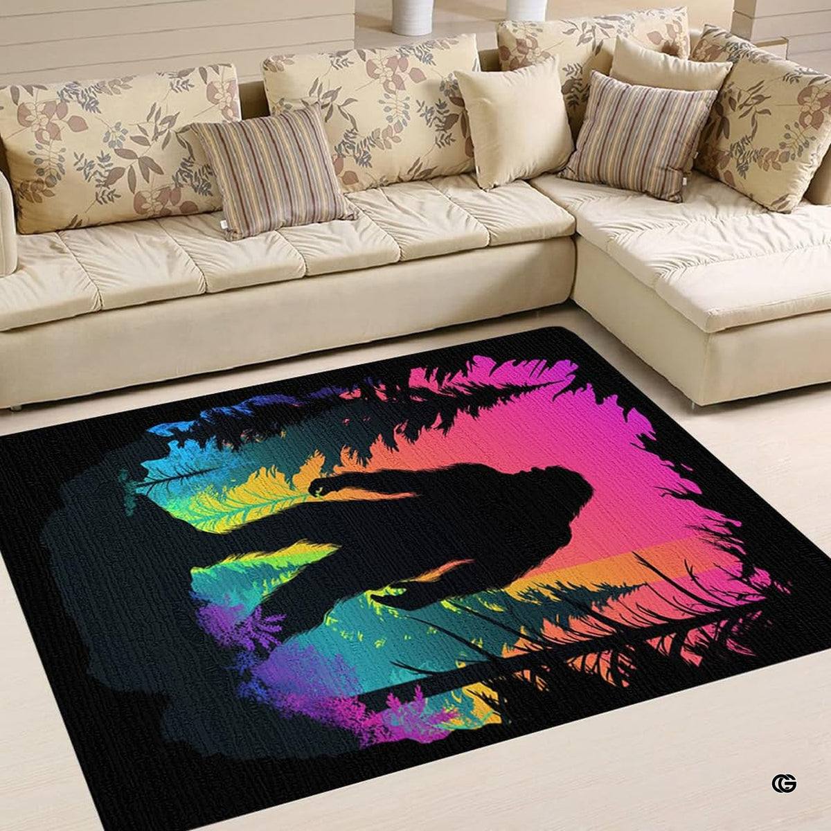 Detailed perspective of Bigfoot silhouette and glowing neon pine trees on an artistic area rug display.