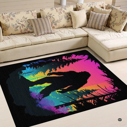 Detailed perspective of Bigfoot silhouette and glowing neon pine trees on an artistic area rug display. - thumbnail image 2 of 5