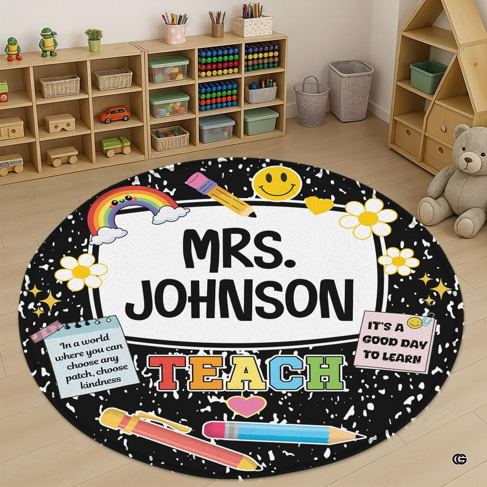 Round classroom area rug displayed on light wood flooring in a preschool activity room beside shelving and toys.
