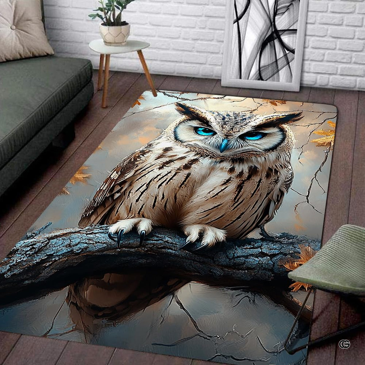 Dimension comparison chart displaying multiple size formats for this horned owl area rug.