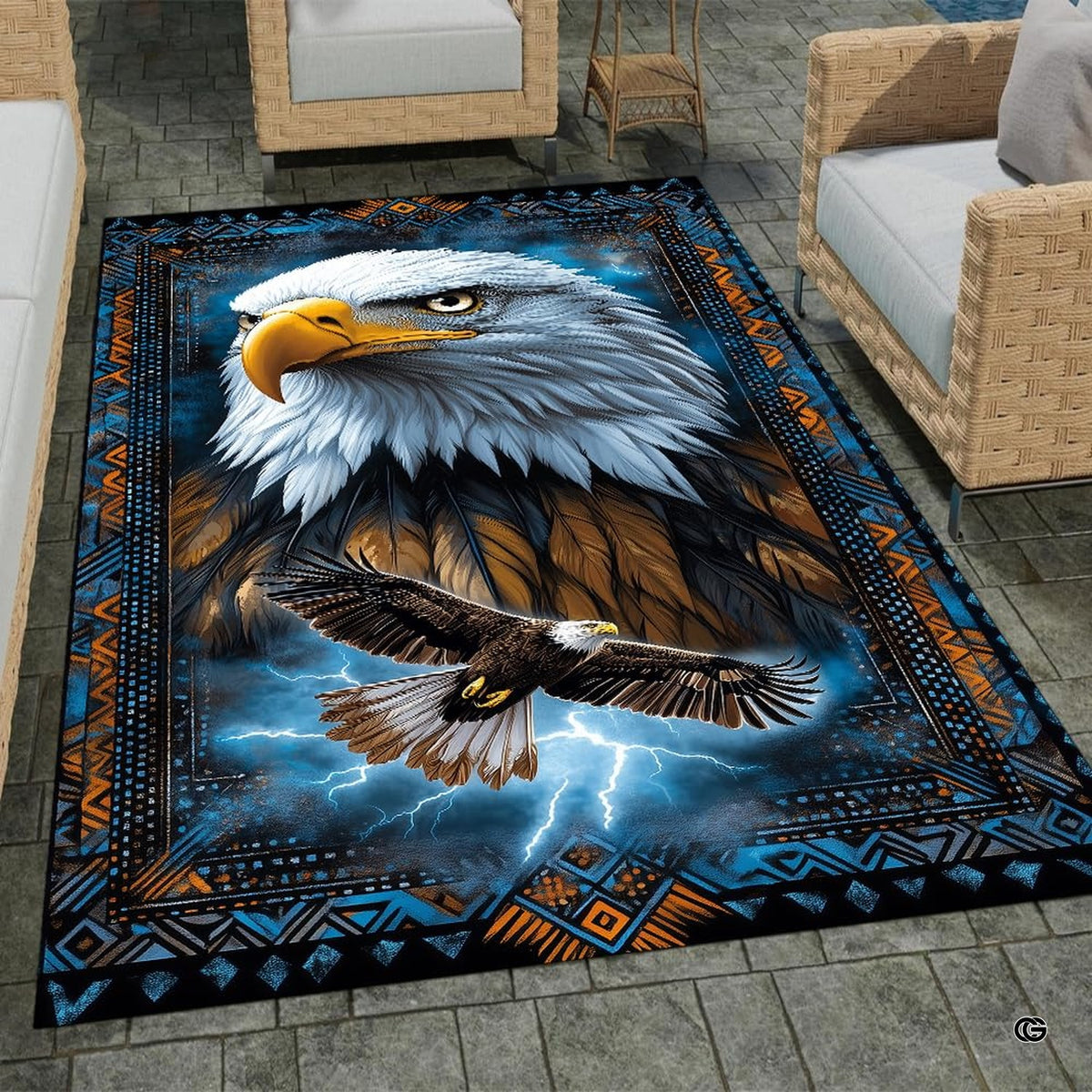 Full floor perspective showing the dramatic eagle storm wildlife rug contrasting with hardwood flooring. - image 7 of 7