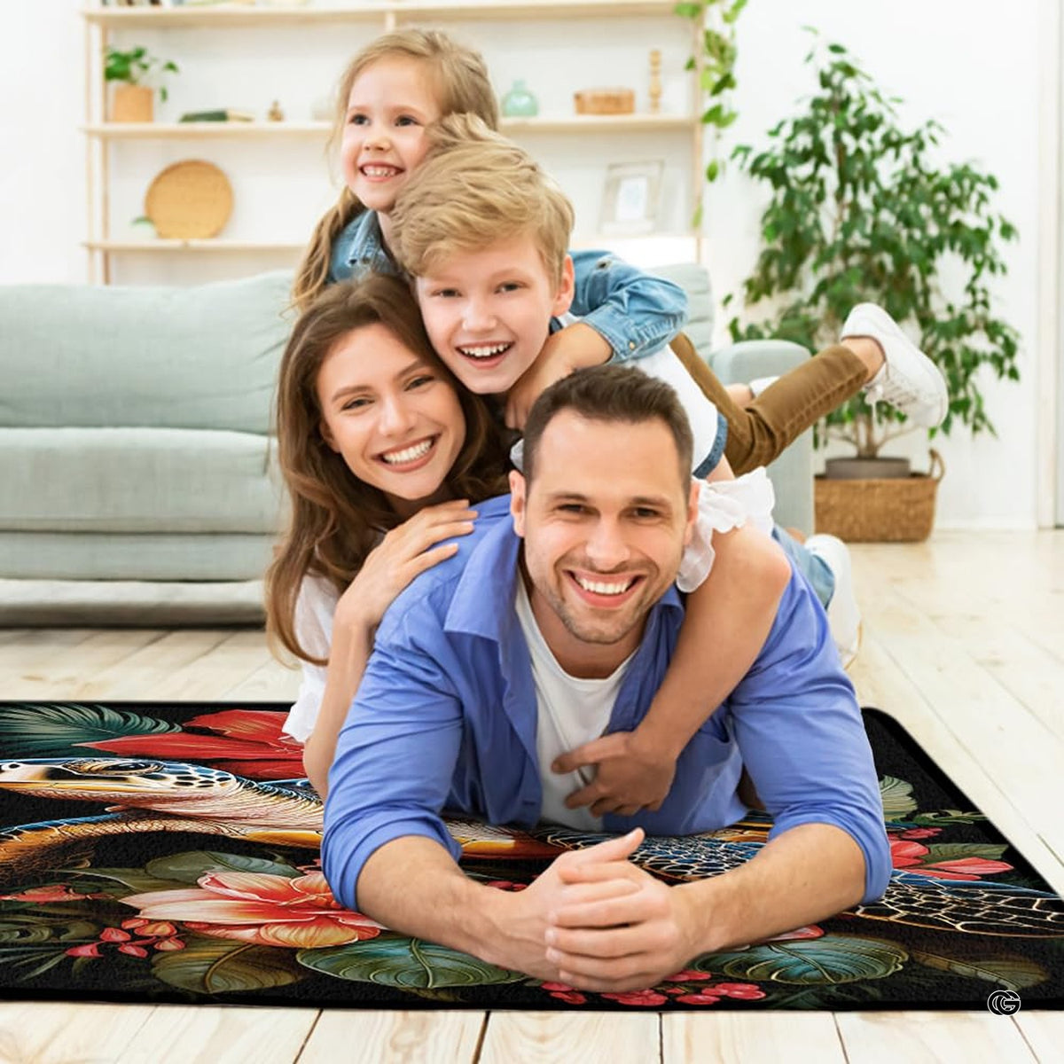 Styling presentation of coastal turtle floor rug beside natural wood accent furniture and house plants.