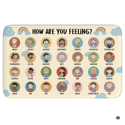 Close-up of illustrated character circles providing examples of emotions or feelings on an educational floor rug. - thumbnail image 3 of 7