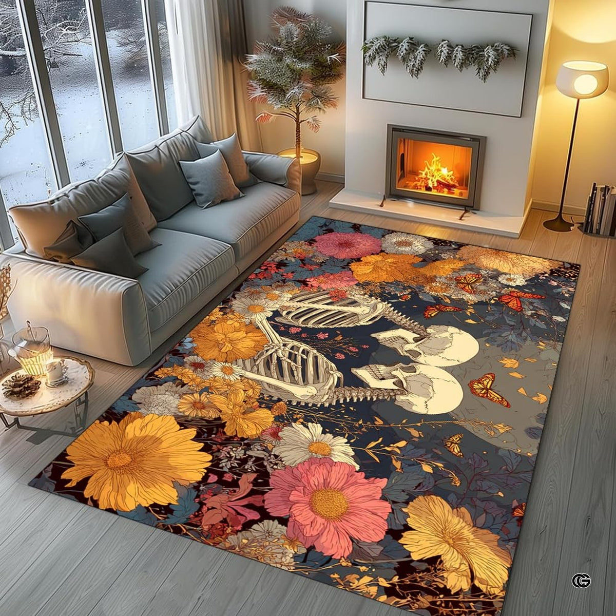 Living room fireplace setting displaying a gothic skeleton lovers area rug with vibrant autumn flowers - image 1 of 8