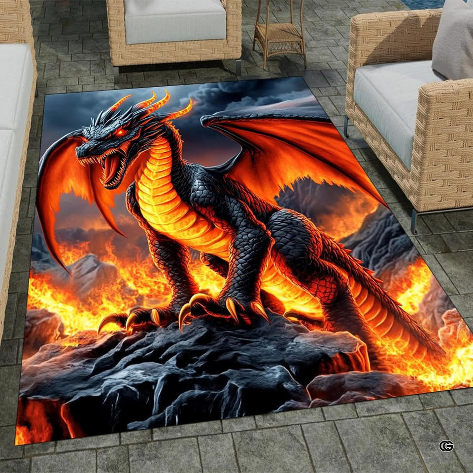 Fiery dragon area rug showcasing mythical living creature perched on volcanic stone.