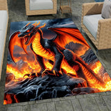 Fiery dragon area rug showcasing mythical living creature perched on volcanic stone.