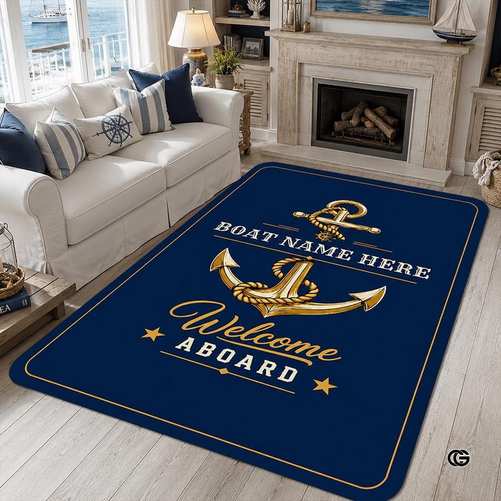 Custom Boat Rug, Personalized Welcome Aboard Mat with Boat Name, Nautical Area Rug for Deck, Entryway or Floor, Anchor Marine Decor, Boating Gift (Boat Rug 02)