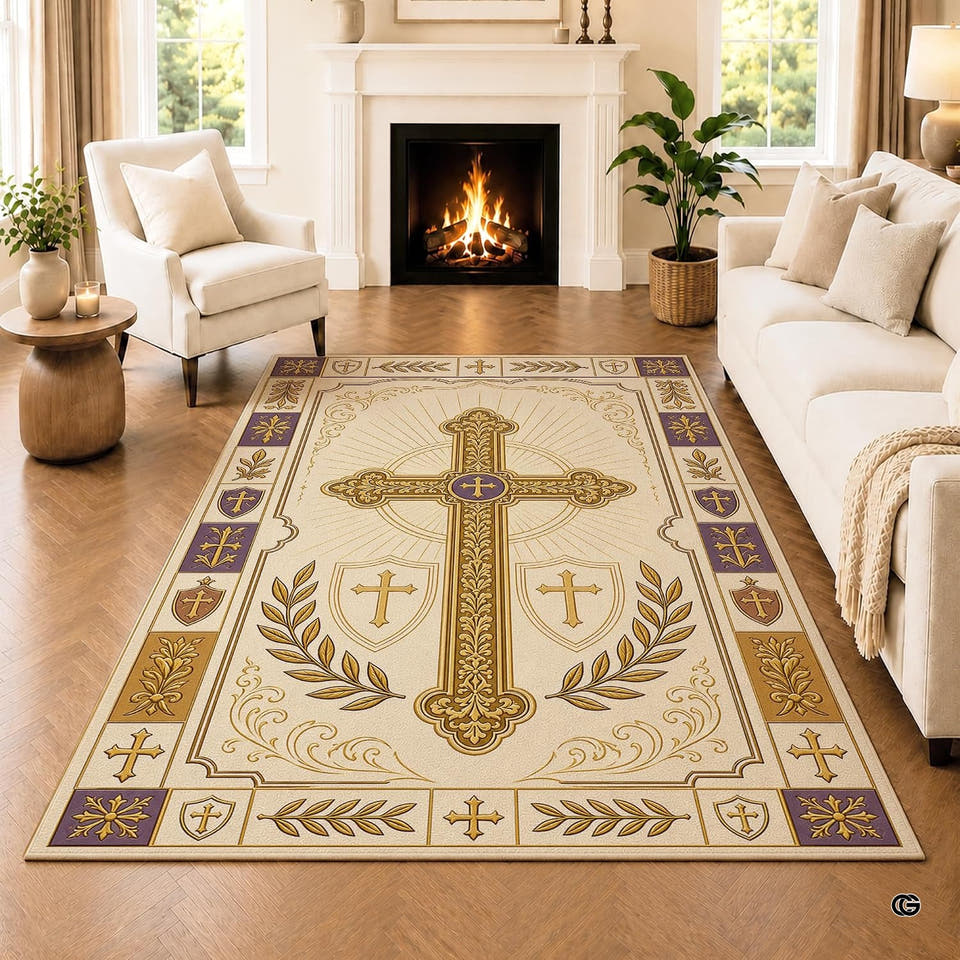 Cream heraldic golden cross area rug positioned on a wood floor in front of a fireplace