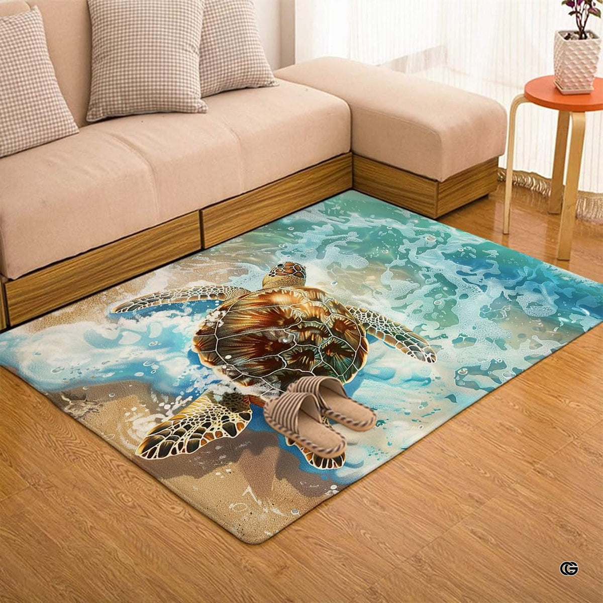 Sea turtle beach surf area rug displayed beside living room couch and side table. - image 7 of 7