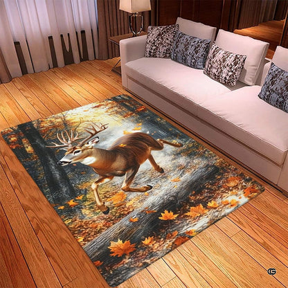 Close-up view of buck antlers and detailed autumn maple leaves on an area rug design. - thumbnail image 2 of 5