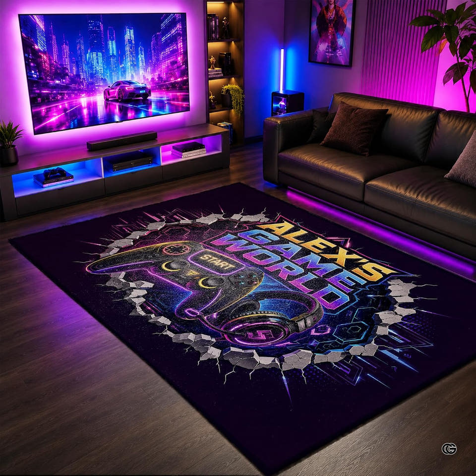 Shattered portal neon headset gamepad area rug in primary perspective