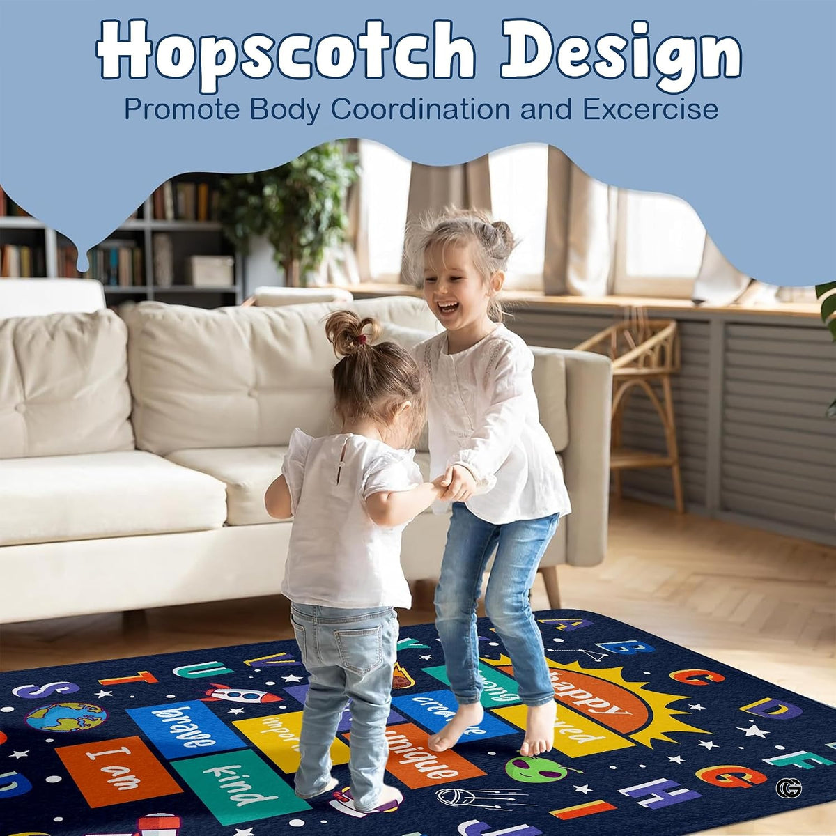 Starry sky decorative accent floor rug showcasing bright yellow sun, earth globe, and playful outer space illustrations.