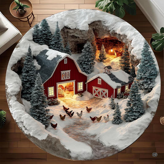 Round winter farm rug with red barns, chickens and snowy evergreens