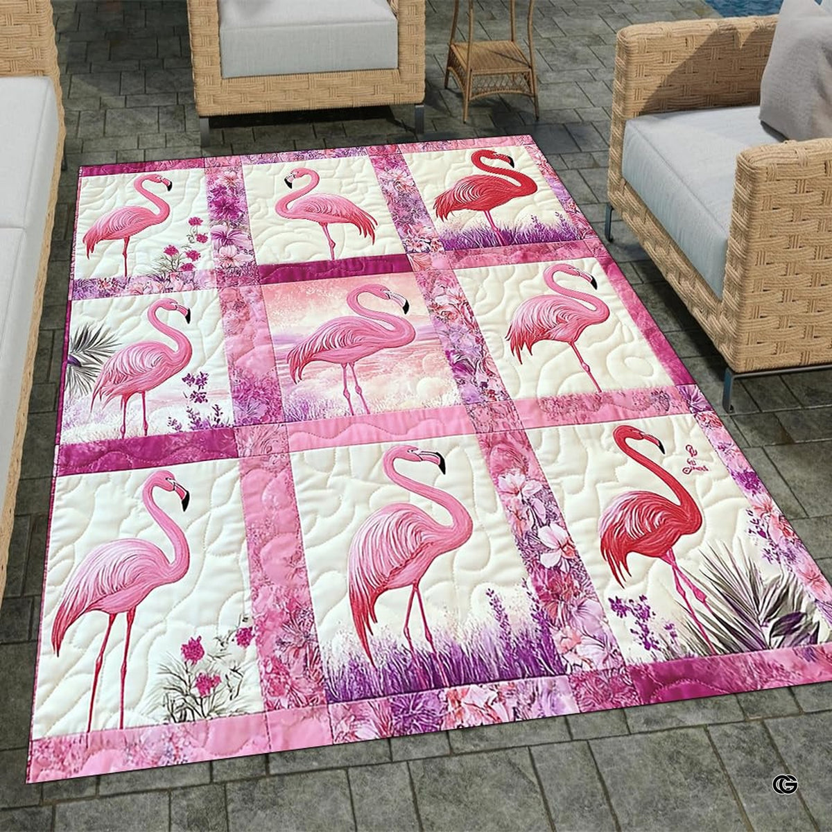 Vibrant flamingo motif floor piece illuminating a light-filled interior lounge.