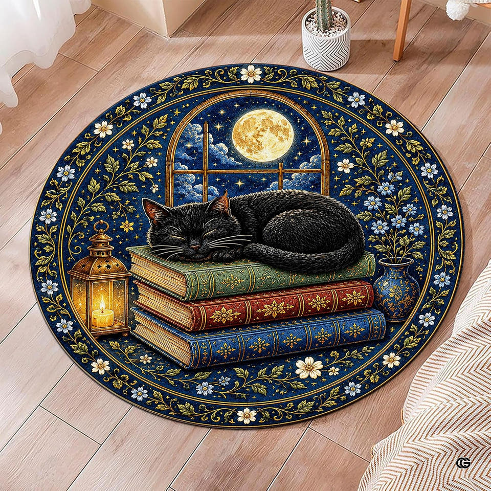 Celestial book cat round area rug featuring a sleeping feline on vintage books under a full moon.