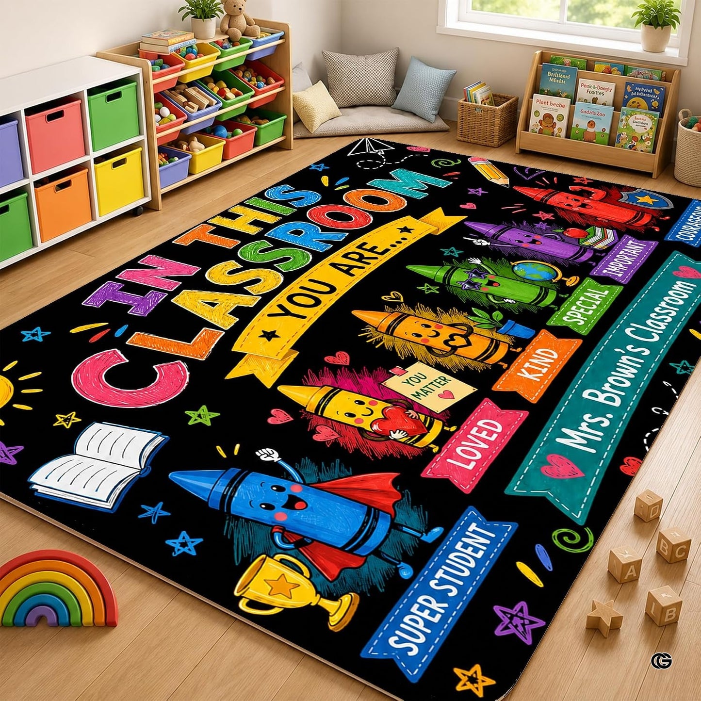 Personalized Teacher Classroom Rug, Custom Back to School Welcome Mat with Name, Kindergarten Preschool Elementary Decor, Composition Notebook Carpet (A13)