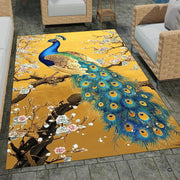Overhead perspective of ornate peacock area rug artwork illuminated by natural room light. - thumbnail image 7 of 8