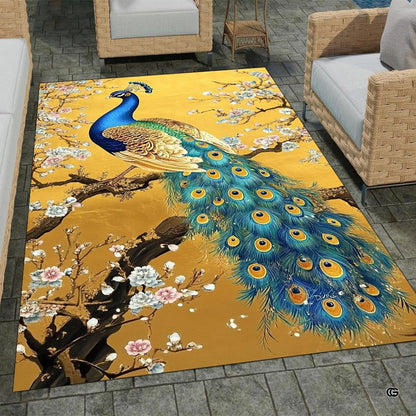 Overhead perspective of ornate peacock area rug artwork illuminated by natural room light. - thumbnail image 7 of 8