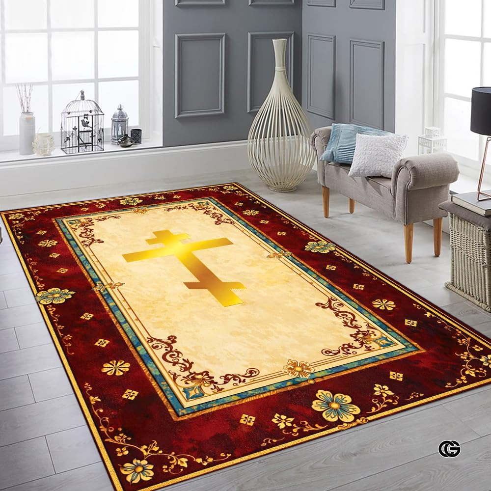 Personalized Orthodox Christian Area Rug, Custom Eastern Orthodox Russian Greek Byzantine Non-Slip Rug for Women Men, IC XC Nika Cross Mat for Living Room, Bedroom, Church Decor (D7)