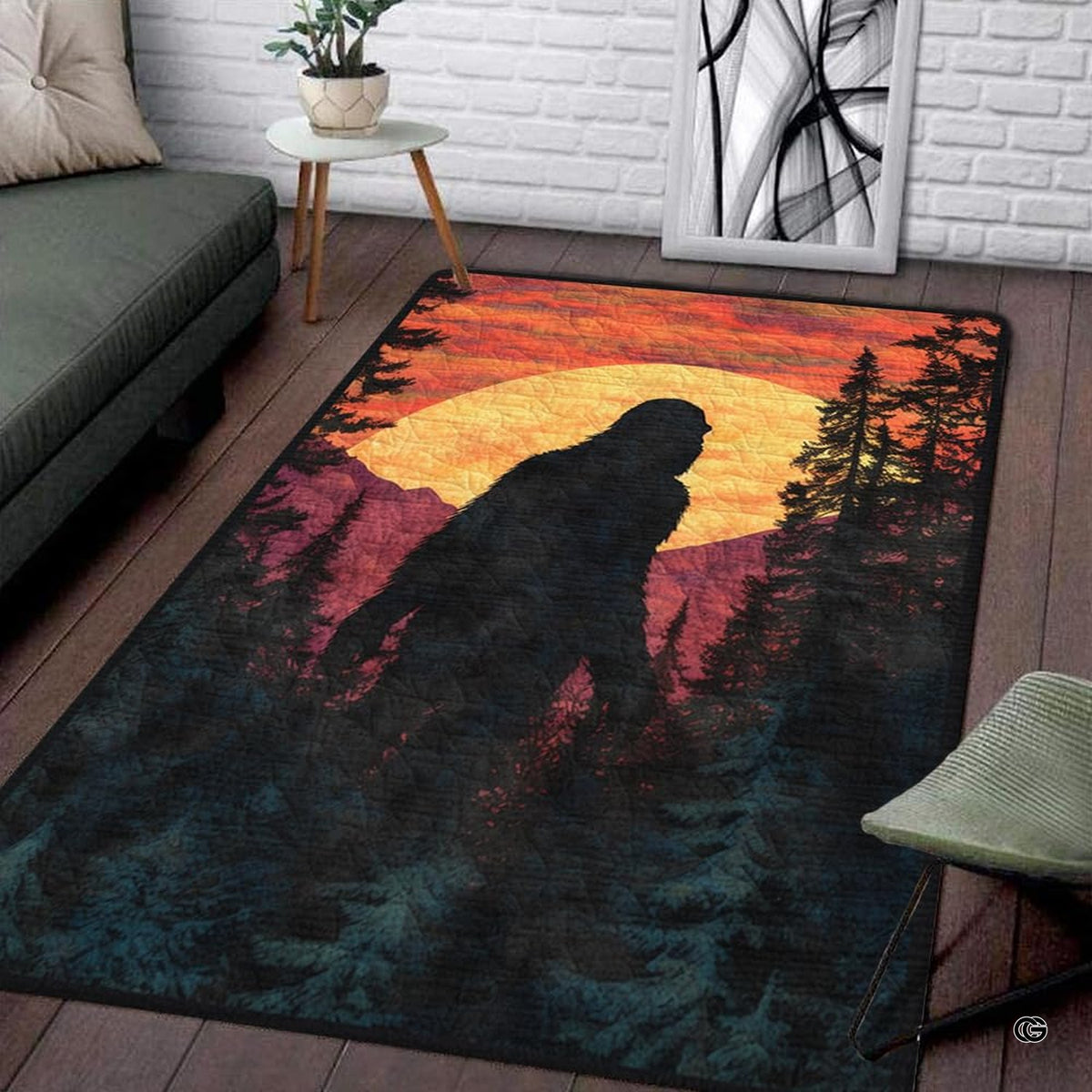 Top-down floor view of Bigfoot area rug showing Sasquatch walking past pine trees during a vibrant yellow sunset. - image 1 of 5