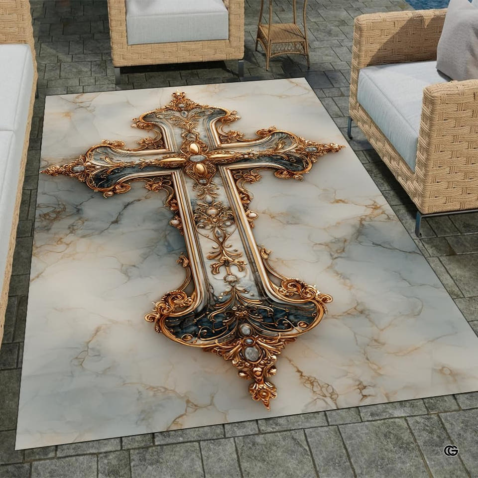 Ornate baroque golden cross printed on a marble background area rug.