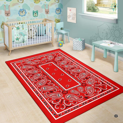 Bright contemporary sitting room interior showcasing the red bandana print area rug - thumbnail image 6 of 9