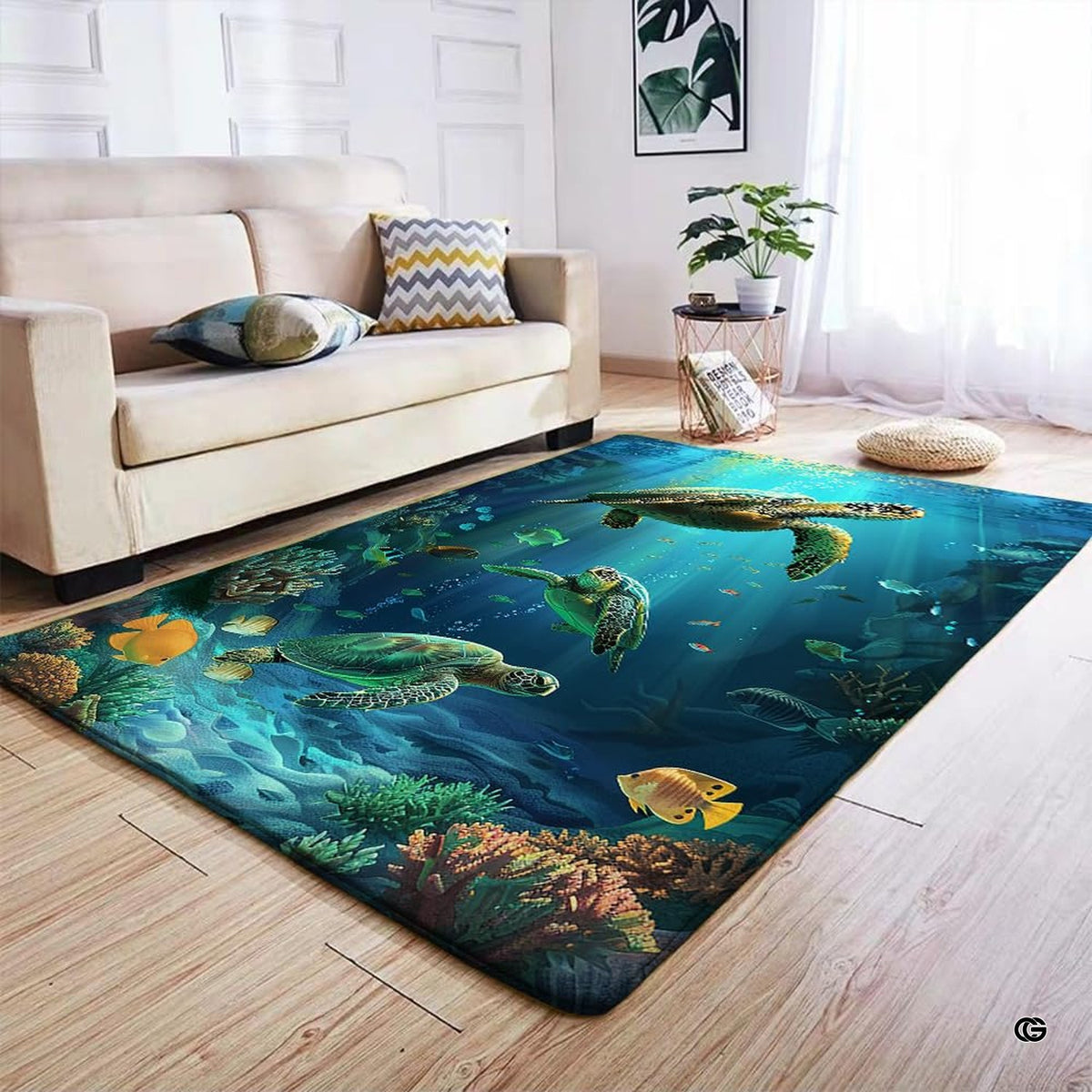 Overhead view showing vibrant sea turtles gliding across an ocean coral reef rug. - image 4 of 7