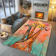Fireside lounge setting with a person relaxing on the colorful sunset giraffe rug - thumbnail image 5 of 7