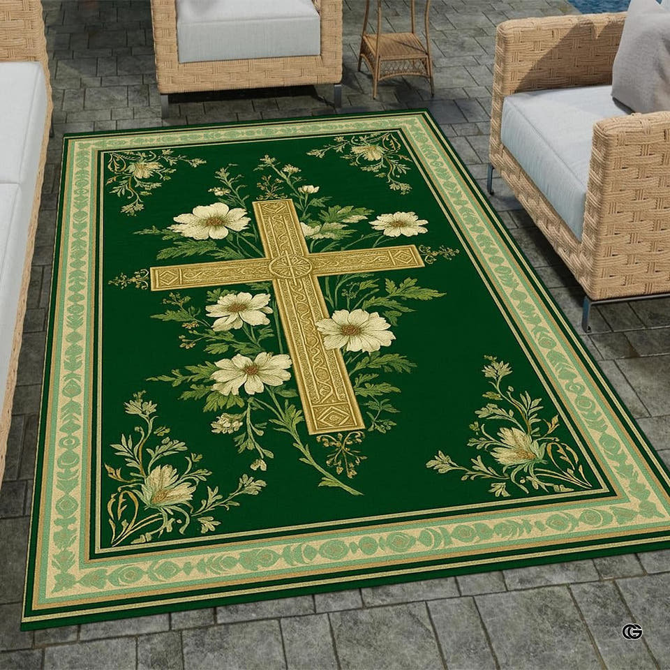 Emerald green area rug featuring an ornate cross with cream flowers and decorative border