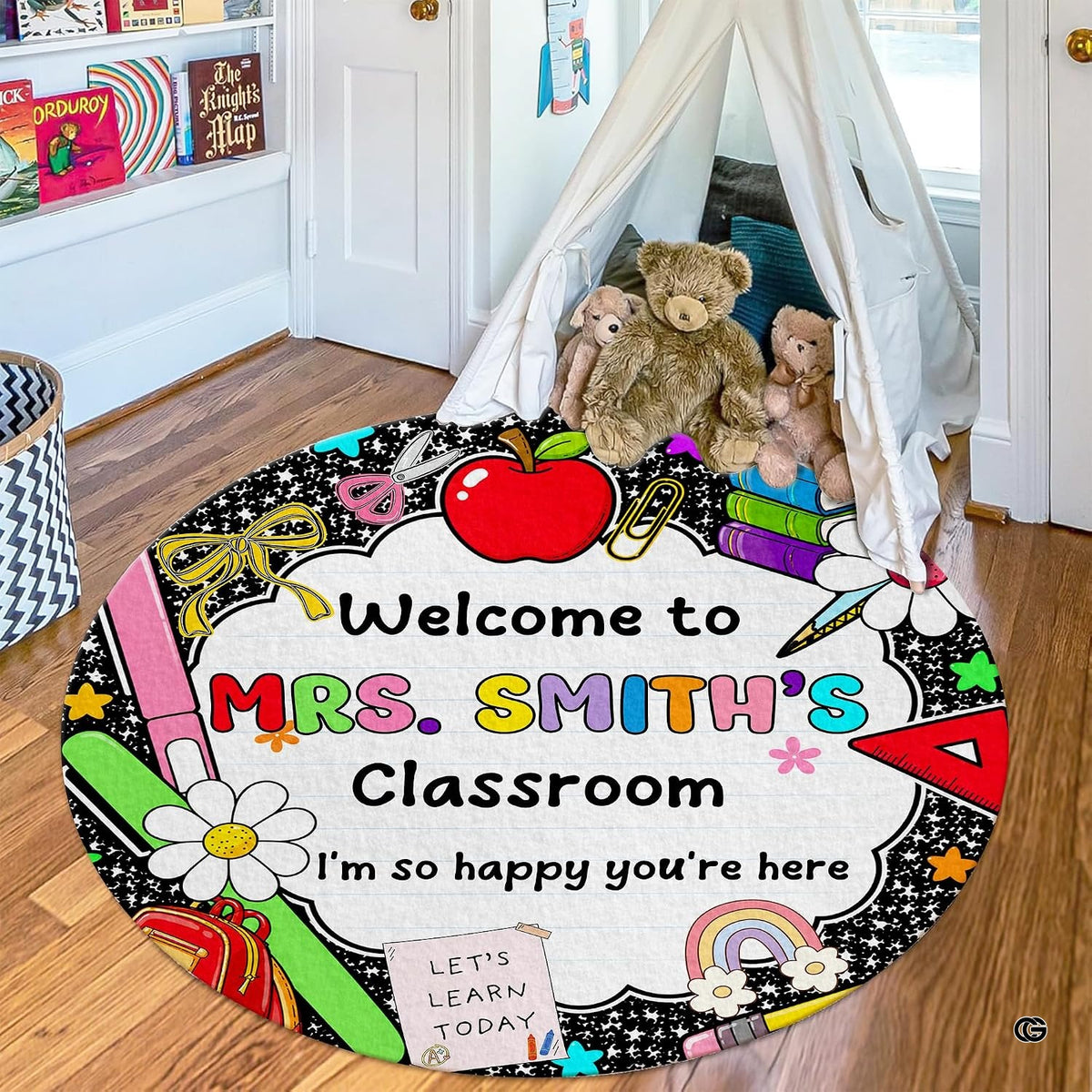 Full angle display of decorative floor rug highlighting circular school motif and playful chalkboard sketches.