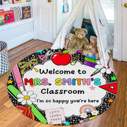 Full angle display of decorative floor rug highlighting circular school motif and playful chalkboard sketches. - thumbnail image 8 of 8