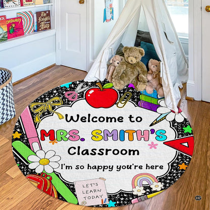 Full angle display of decorative floor rug highlighting circular school motif and playful chalkboard sketches. - thumbnail image 8 of 8