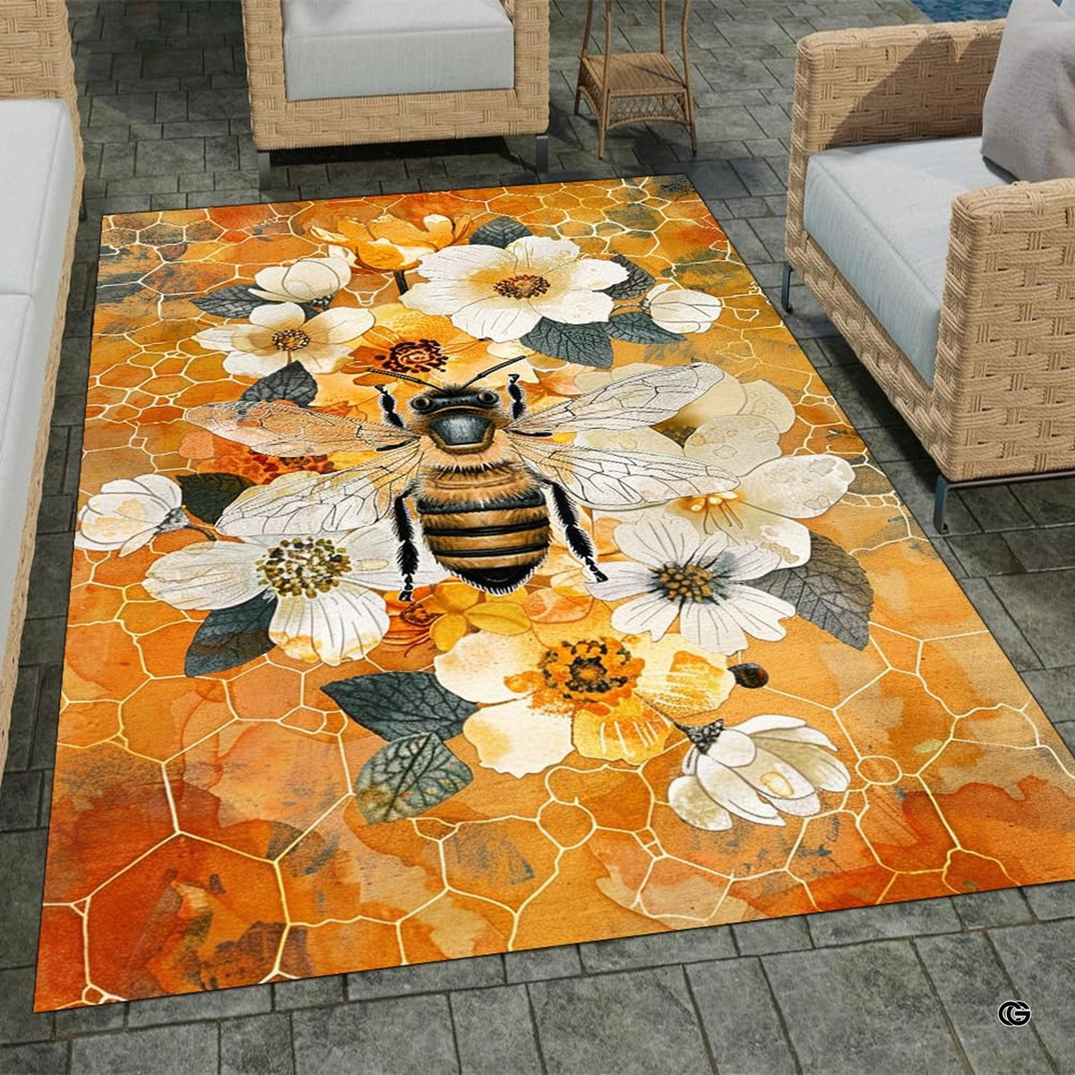 Stone patio setting featuring a honey amber honeycomb floral bee botanical area rug - image 1 of 8