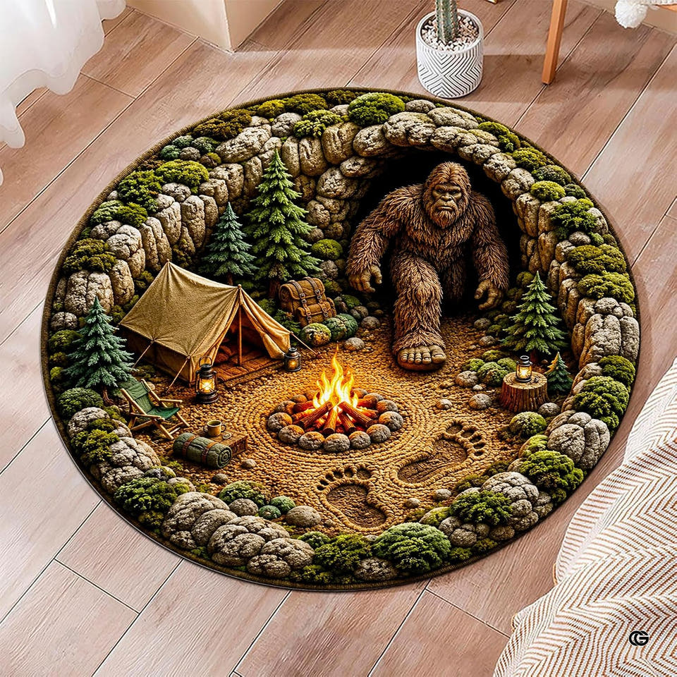 Round campfire rug showing circular campsite artwork with glowing fire and pine trees.