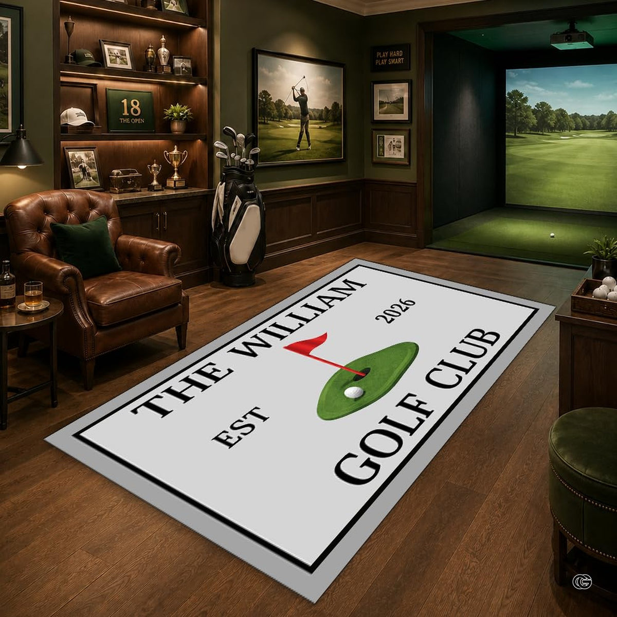 Personalized golf club putting green area rug with golf balls, red flag pin, and man cave simulator room decor. (Angle 1) - image 1 of 8