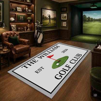 Personalized golf club putting green area rug with golf balls, red flag pin, and man cave simulator room decor. (Angle 1) - thumbnail image 1 of 8