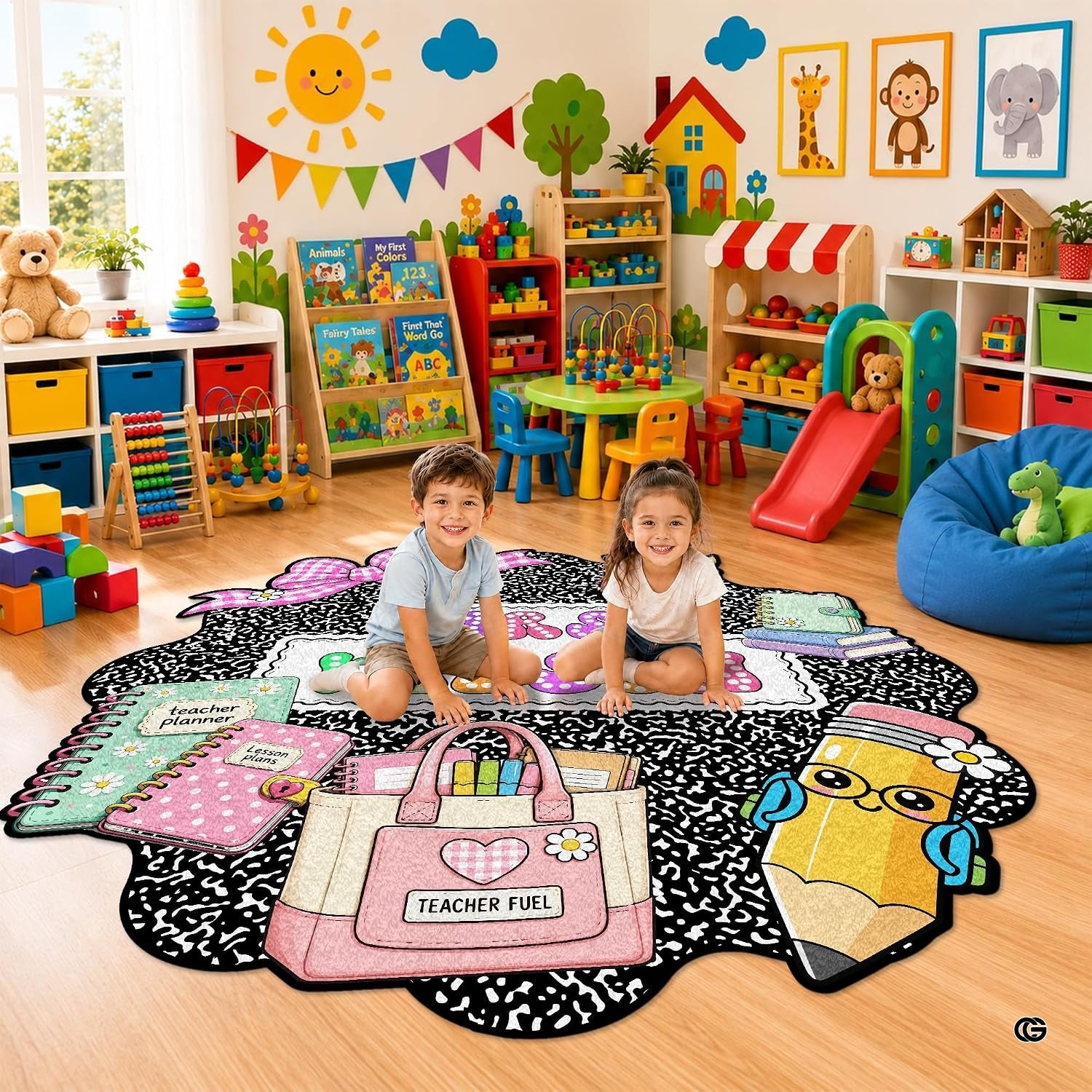 Personalized Composition Notebook Classroom Shaped Rugs for Kids (A01) | Custom Pennant Flag Carpet for Reading Corner, Non-Slip Apple Shape Rug Mat, Classroom Decor, Back To School Gift