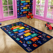 Space exploration themed playroom rug centered near low white shelving and cheerful science wall posters. - thumbnail image 7 of 9