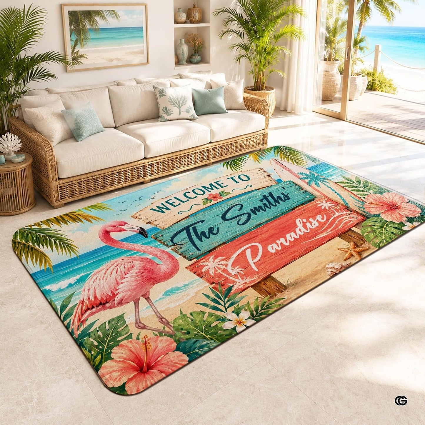 Personalized Tropical Beach Rug, Custom Family Name Tropical Outdoor Rug, Flamingo Surfboard Ocean Area Rug for Living Room, Patio, Beach House Decor, Design 08